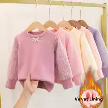 Velvet Lining Warm Cotton Girls T-Shirt Lace Long-sleeve Baby Kids Bottoming Shirt for Children Clothes New Spring Bow Girl Top