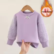 Velvet Lining Warm Cotton Girls T-Shirt Lace Long-sleeve Baby Kids Bottoming Shirt for Children Clothes New Spring Bow Girl Top