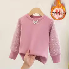 Velvet Lining Warm Cotton Girls T-Shirt Lace Long-sleeve Baby Kids Bottoming Shirt for Children Clothes New Spring Bow Girl Top